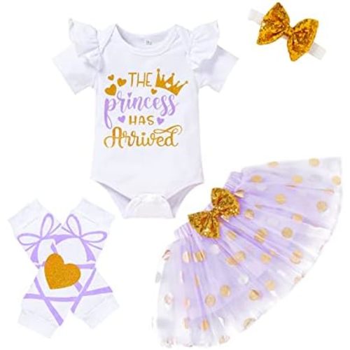 Newborn Baby Girl Outfits Infant Letter Print Romper+Tutu Skirt+Headband+Legging Warmer Coming Home Clothes Set