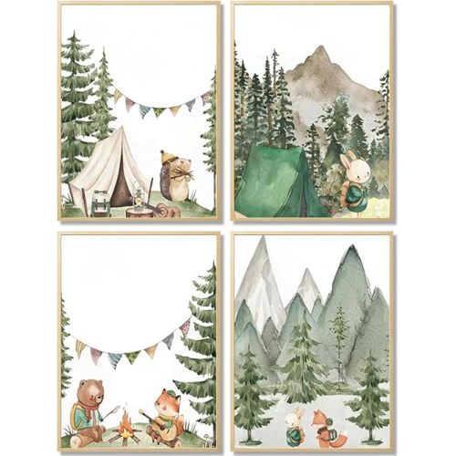 Woodland Adventure Nursery Canvas Wall Art Set of 4 Camping Animal Prints BearFox Rabbit Hiking PostersForest Mountain Themed Kids Room PictureNature Exploration Wall Decor Frameless 16x24In