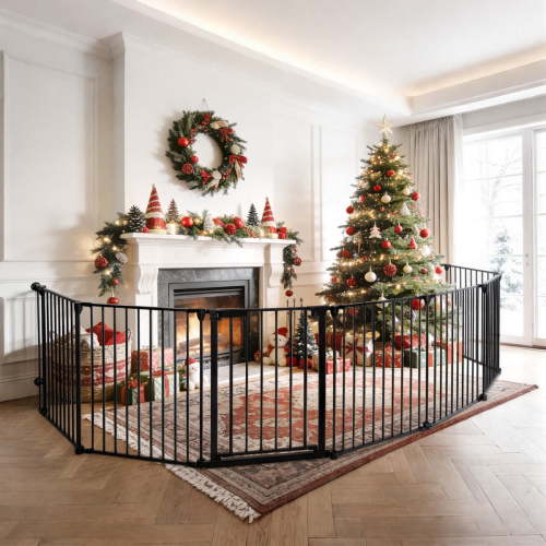 Baby Gates, Caveen 8Panel 198" Extra Wide 30" Tall Baby Gates Fireplace Fence Toddler Playard, Black