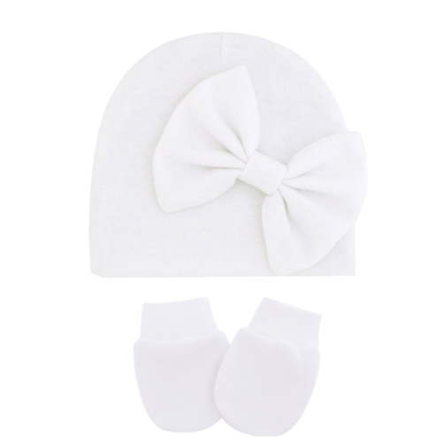 JAHH Kids Bucket Hat Hat and Gloves Set Soft Hats for Girls Knit Baby Hat with Bow No Scratch Mittens for Children Fashion Casual Solid Baseball Hats(A,White)