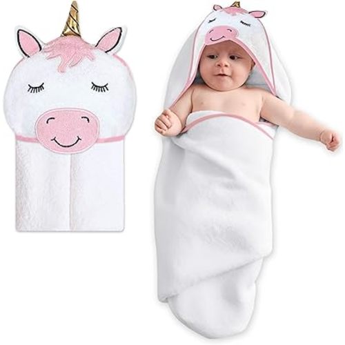 Mother's Choice Baby Hooded Towel - Large Size 33x33 Inch, 100% Cotton, Ultra-Soft & Absorbent Bath Towel for Newborns, Infants, Toddlers, Boys & Girls with Animal Hood (Unicorn)