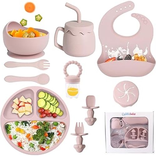 Silicone Baby Feeding Set with Suction, 10 Pcs Baby Led Weaning Supplies with Suction Bowl Divided Plate Adjustable Soft Bib Spoon Fork Snack Cup with Lid and Other Utensils (Sakaura Pink)