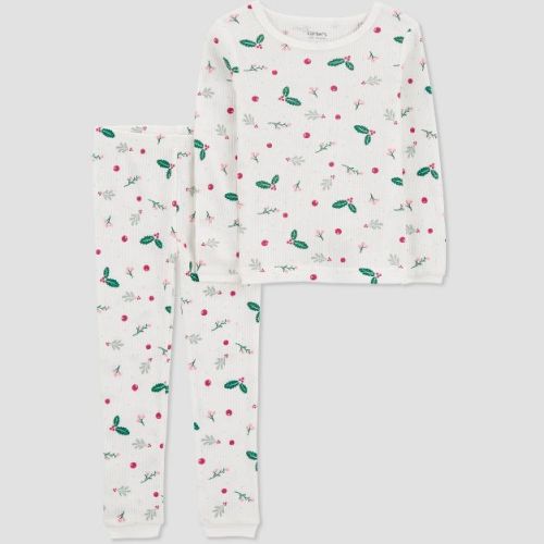 Carter's Just One You®️ Toddler Girls' 2pc Cotton Long Sleeve Holly Christmas Pajama Set - White 2t
