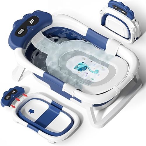 AVIDOR Baby Bathtub,Collapsible Bathtub for Newborn to Toddler,Durable Essential Infant Bath Tub,Portable Travel Baby Tub with Soft Bath Net,No-Slip Feet and Dinosaur Shaped (Navy Blue)