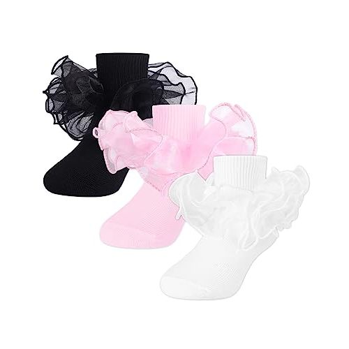 Witwot Toddler Girl Socks with Big Ruffle Lace Frilly Turn Cuff Dress Socks