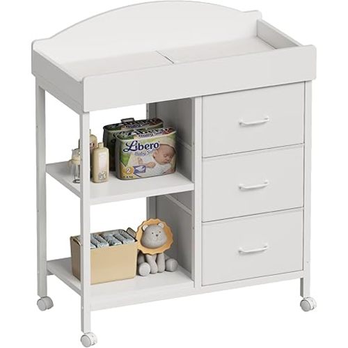 Changing Table Dresser, Baby Dresser with 3 Drawers and 2 Shelves, Multi-Functional Baby Changing Table with Pad, Classic Nursery Dresser, Diaper Changing Station for Children's Room, White