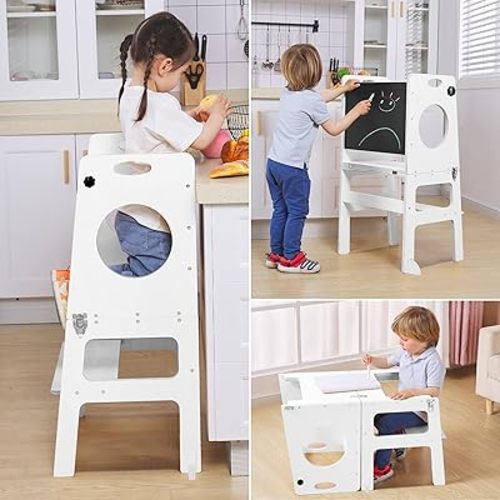 Foldable 4-in-1 Study Tower with Chalkboard for Learning, Montessori Kitchen Step Stool Toddlers Folding Stool for Kids 1-6years Ideal Helper (White)