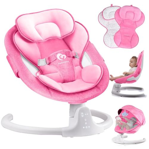 Bluetooth Baby Swing for Infants, Compact & Portable Pink Baby Girl Rocker, 3 Seat Positions, 5 Swing Speed, 10 Lullabies, Remote Control, USB Plug-in Power, Reversible Cushion for All Seasons