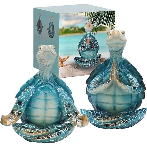 Set of 2 Sea Turtle Yoga Figurines Decorations Summer Meditating Sea Turtle Decor Spring Garden Turtle Crafts,Sea Turtle Yoga Figurines for Home Office Decorations
