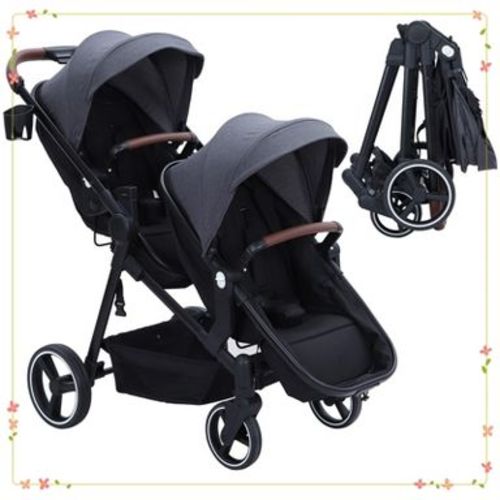 Double Stroller Track Tandem Stroller for Infant and Toddler, Foldable Pushchair Bassinet Pram, gray