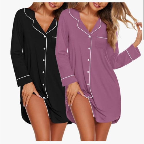 Ekouaer 2 Pack Nightgowns for Women Long Sleeve Night Shirt Button Down Sleep Shirt V-Neck Sleep Dress Pajama Sleepwear