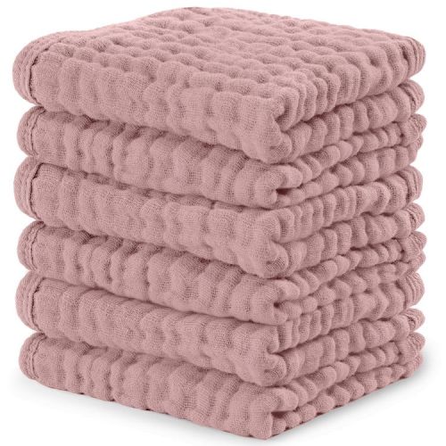 Comfy Cubs Muslin Baby Washcloths 6 Pack - Soft Large 10"x10" 6-Layer Absorbent Cotton - Mauve