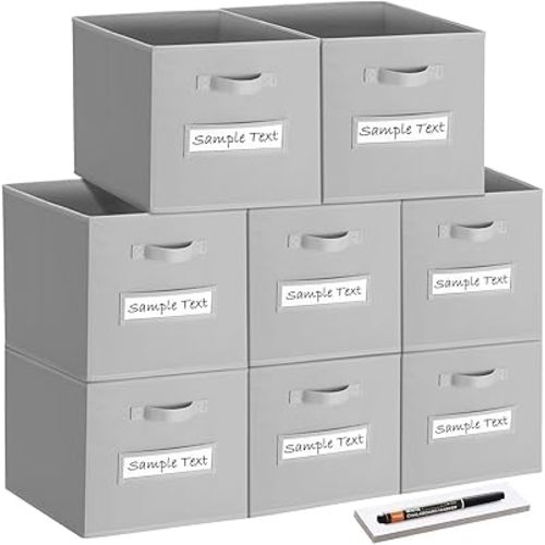 artsdi Fabric storage cubes (8 Pack) 11 Inch Cube Storage Bin, cube organizer bins with 8 Labels Window Cards & a Pen, Foldable cube organizer bins and Storage Box, Light Grey