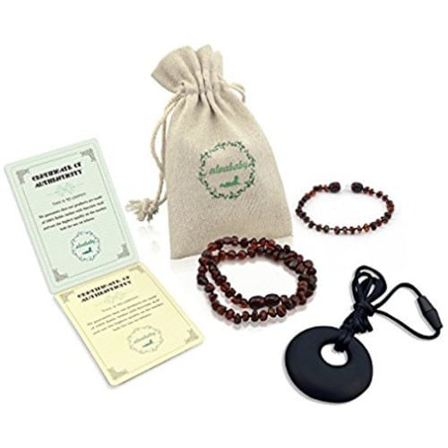 ALVABABY One Amber Teething Necklace & One Teething Bracelet & One Teething Relief Silicone Necklace (Unisex) - Anti Flammatory Drooling & Fussiness Reduce Amber 3 Pieces One Pack GNB05