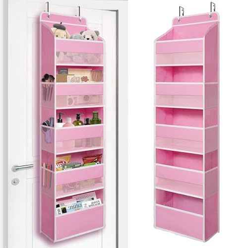 TYMENSH Over Door Organizer with 5 Large Pockets, Heavy Duty Hanging Organizer Storage, Closet Bathroom Nursery Bedroom Dorm, Toys Cosmetics Sundries and Baby Essentials, Pink