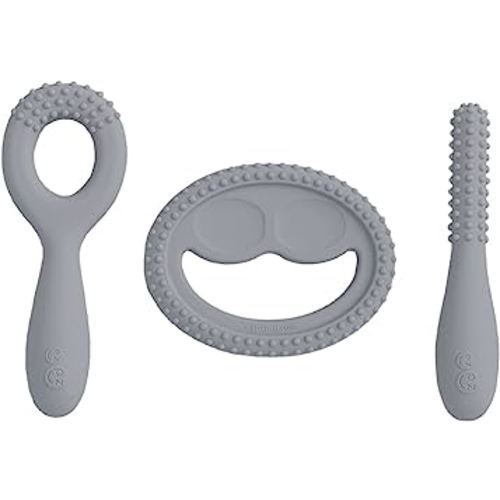 ezpz Oral Development Tools (3 Pack in Gray) - Non-Slip Loop, Smile and Stick, 100% Silicone Tools That Encourage Speech Sound - Sensory Bumps - Dishwasher Safe - 3 Months+