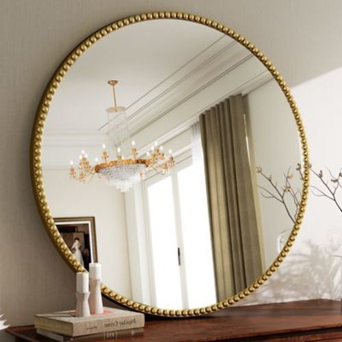 BEAUTYPEAK Round Wall Mirror 24"x24" Antique Beaded Resin Frame Vanity Mirror