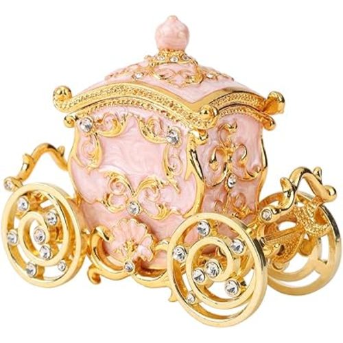Retro Carriage Jewelry Trinket Box Enamel Ring Hold Boxes Hand-Painted Vintage Ornaments Craft Gift for Women Girls (Pink)