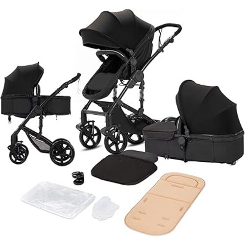 2 in 1 Baby Stroller with Bassinet, Reversible Newborn Foldable Pram, Infant High Landscape Pushchair, Portable Standard Stroller, Reclining Buggy, Baby Carriage (2US588-Black)