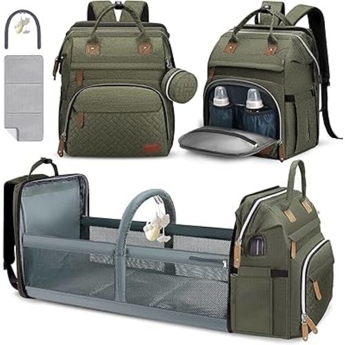 DERJUNSTAR Diaper Bag Backpack – Large Capacity Baby Diaper Bag with Changing Pad, Waterproof Travel Backpack for Boys & Girls, Multi-Function Baby Bag with USB Charging Port, Army Green