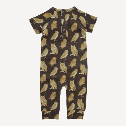 short sleeve kanga sport jumpsuit | owl friends | organic cotton interlock 6-12m