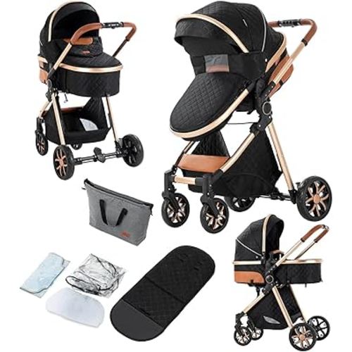 2 in 1 Baby Stroller, Convertible Pram, Reversible Standard Stroller, Portable Baby Buggy, Infant Carriage, Foldable High Landscape Pushchair for Toddler Newborn (225 Black Gold)