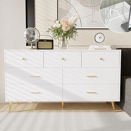 White Dresser for Bedroom, 7 Drawer Dresser with Charging Station, Wood Chest of Drawers with Gold Handles, Modern Dressers & Chests of Drawers for Living Room, Hallway