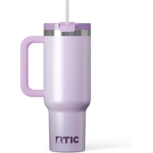 RTIC 40 oz Road Trip Tumbler Double-Walled Insulated Stainless Steel Portable Travel Coffee Mug Cup with Lid, Handle and Straw, Ceramic-Lined, Lavender Glitter