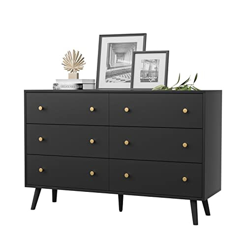 SINROM Black Dresser for Bedroom, Modern 6 Drawer Dresser, Wide Chest of Drawers with Gold Handles, Wood Double Dresser Storage Cabinet for Living Room, Bedroom, Hallway