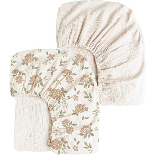 Konssy Muslin Crib Sheets 2 PCS, 100% Cotton Baby Crib Sheets for Standard Crib Mattress (28"x 52"), Soft and Breathable for Boys, Girls (Petal,Cream)