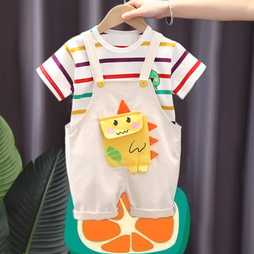 Baby Toddler 2-Piece Dinosaur Striped Overalls Set