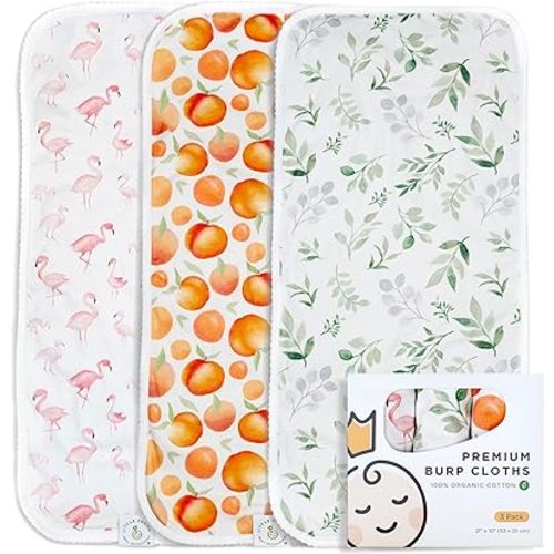 Little Crown Burp Cloths 100% Organic Cotton – 3 Pack Large 21''x10'' – Ultra-Soft and Absorbent – Double Layered Baby Washcloths – Baby Girl Newborn Essentials (Eucalyptus, Peaches and Flamingos)