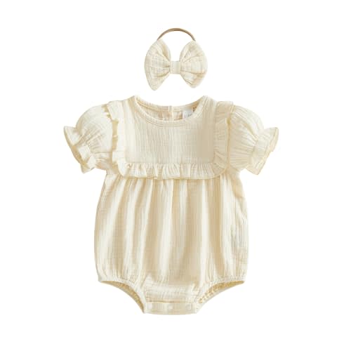 Kupretty Newborn Baby Girl Summer Clothes Vintage Muslin Linen Ruffle Romper Short Sleeve Bodysuit Jumpsuit with Headband