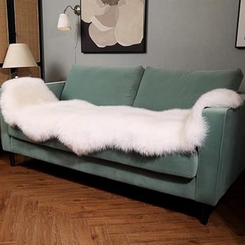 Premium Genuine Fur Sheepskin Rug Real Australia Sheepskin Natural Luxury Fluffy Lambskin Fur Area Rug Seat Covers for Kids Bedroom Sofa Chair Cover (Creamy White, Double Pelt/2ft x 5.2ft)