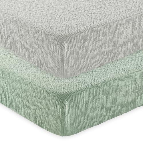 david's kids Muslin Crib Sheets for Boys Girls, 2 Pack 100% Cotton Soft Breathable Fitted Baby Sheet Set, 28x52 Inch Fits Standard Crib and Toddler Mattresses, Light Gray & Sage Green