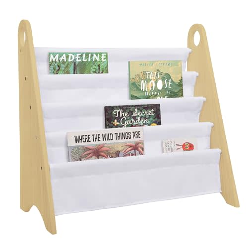 Wildkin Kids Modern Sling Bookshelf for Boys and Girls, Wooden Design Features Two Top Handles and Four Fabric Shelves, Helps Keep Bedrooms, Playrooms, and Classrooms Organized (Natural and White)