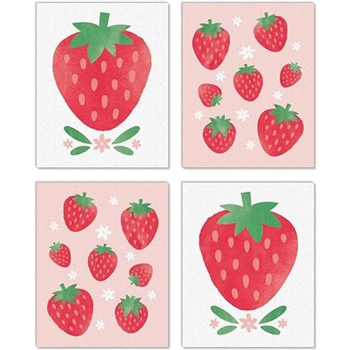 Big Dot of Happiness Berry Sweet Strawberry - Unframed Fruit Kitchen Linen Paper Wall Art - Set of 4 - Artisms - 8 x 10 inches