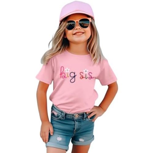 IZYJOY Big Sister Shirts Toddler Baby Girl Embroidered Promoted to Big Sis Announcement T-Shirt Short Sleeve Tee Tops