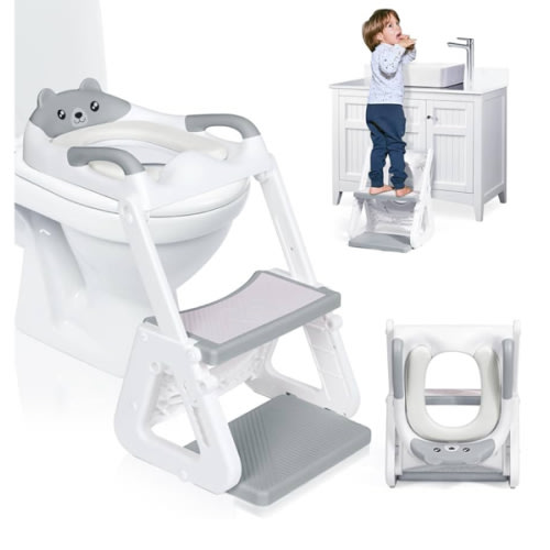 Orzbow 2-IN-1 Potty Training Toilet Seat with Step Stool for Toddler, Stability Training Potty Seat for Kids Boys Girls with Splash Guard and Anti-Slip Pad, Adjustable Ladder & Potty Seat Height, Grey
