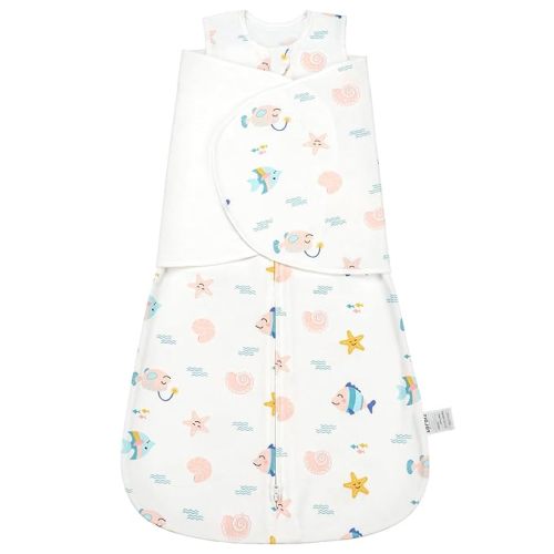 ZIGJOY 100% Cotton Sleep Sack Swaddle 0.5 TOG Baby Wearable Blanket 3-Way Adjustable Silent Wrap Transition Swaddle, 6-12 Months, Ocean