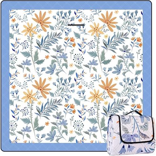 Picnic Blankets 79"x79" Extra Large Outdoor Blanket Beach Blanket Waterproof SandProof Picnic Mat Washable Foldable Portable for Grass Lawn Beach Camping (White with Flowers)