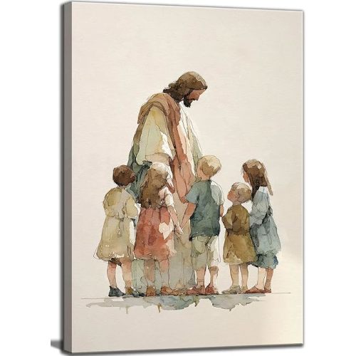 Jesus Children Canvas Wall Art Watercolor Jesus Child Painting Decor Pictures Nursery Christian God Posters Prints for Dining Living Prayer Room Kitchen Church Wall Bedroom Decoration