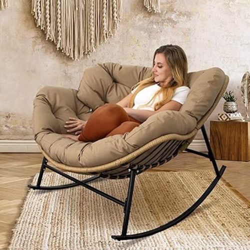 NICESOUL Indoor Outdoor Papasan Rocking Chair with Cushion, Oversized All Weather Patio Wicker Egg Rocker, 450Lbs Capacity, Sturdy Comfy Recliner Lounger for Balcony, Backyard, Porch, Bedroom, Brown