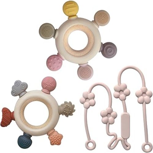 3 Packs Baby Teething Toys for 0-6 6-12 Months Babies, Baby Teether Rings with Pacifier Chain, Baby Chew Toys for Sucking Needs, BPA Free