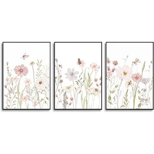 MTFBWY Wildflower Canvas Wall Art Poster Set of 3 – Pink Flower Pictures, Botanical Watercolor Floral Prints, Nature Landscape Wall Decor for Bedroom, Living Room, Bathroom-12 x16 Unframed