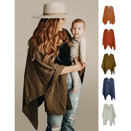 Indi by Kishu Baby GOTS Organic Muslin Nursing Cover Up for Breastfeeding, Breathable Nursing Shawl, Scarf, Privacy Nursing Cover for Breastfeeding Moms (Dark Olive)