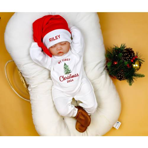 Baby 1st Christmas Romper. My 1st Christmas Outfit with Santa Hat. Personalized Newborn White Long Sleeve Romper. Baby Boy or Baby Girl