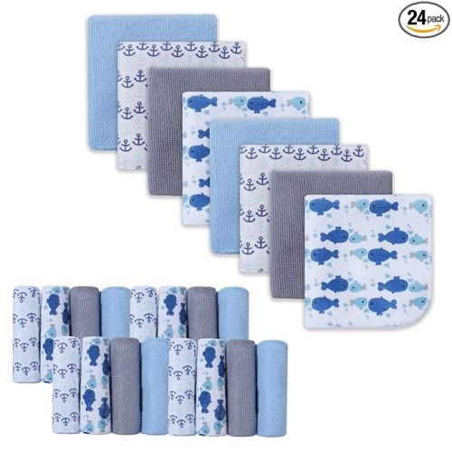 softan Baby Washcloths, 24Pack Baby Wash Cloths Extra Soft & Ultra Absorbent, Baby Towels and Washcloths Face Towel Unisex for Boys Girls Body, Washclothes Gentle on Sensitive Skin, 9x9 Whale & Anchor