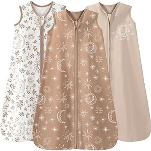 Baby Sleep Sack 0-6 Months 3 Pack 100% Cotton Lightweight 0.5 TOG Wearable Blanket Baby Sleep Bag with 2-Way Zipper for Newborn Infant Toddler Beige