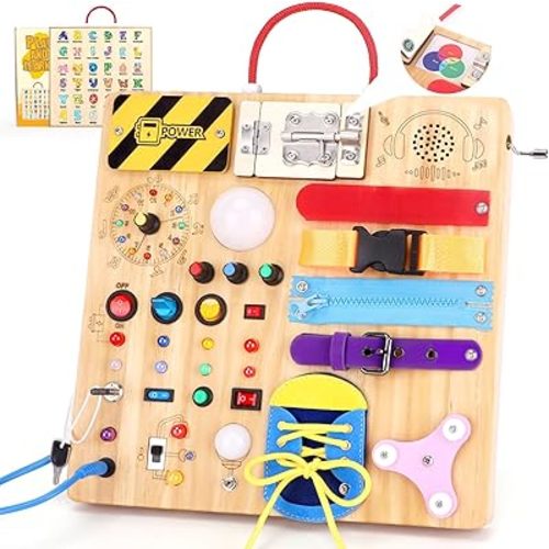 23 in 1 Busy Board Montessori Toys for 1-3 Year Old Wooden Learning Educational Toy for Toddlers with 15 Switches, 26 LED Lights, Music Boxes, Locks,Zippers Toddler Sensory Toys for Soothing A Baby